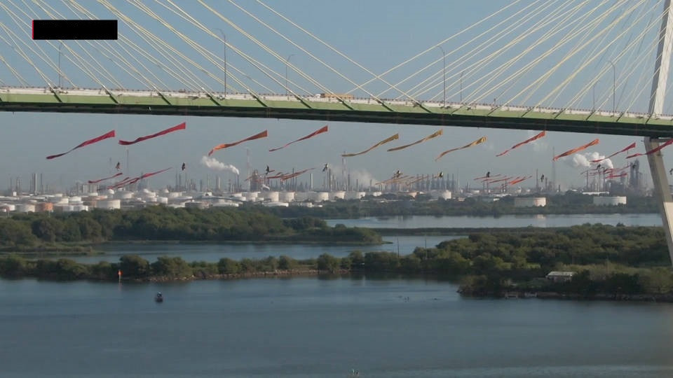 Activistas de Greenpeace descienden en rápel por el puente de Houston