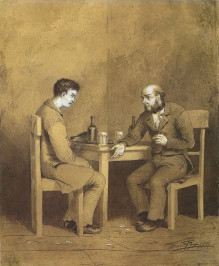 Ilustraciu00f3n de Mijau00edl Petru00f3vich Klodt. Conversaciu00f3n entre Raskolnikov y Marmeladov en Crimen y castigo, 1874. (1)