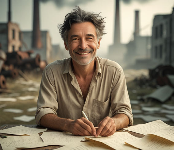 POETA ESCRIBIENDO SIN CONCOCER LO QUE OCURRE A SU ESPALDA